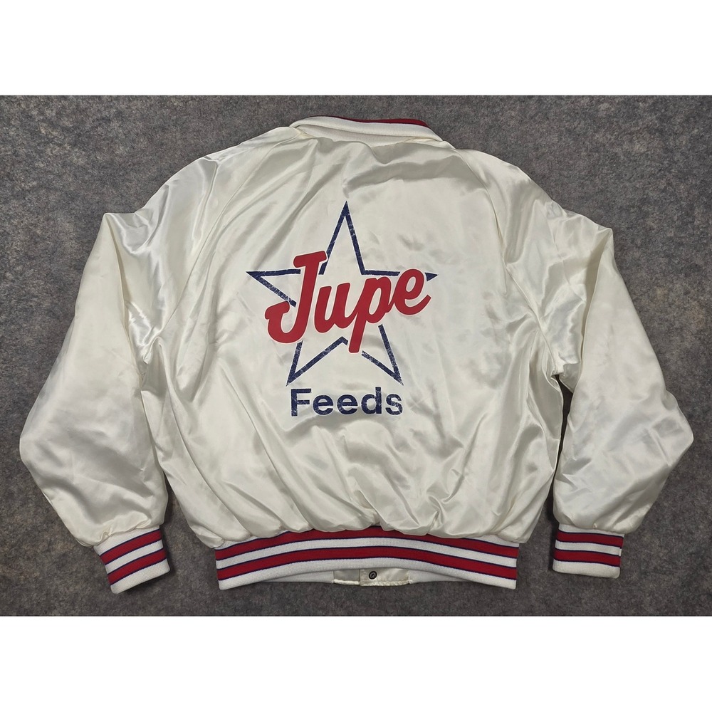 Vintage Aristo Jac Jupe Feeds Satin Varsity Bomber Jacket White Large *Stained*